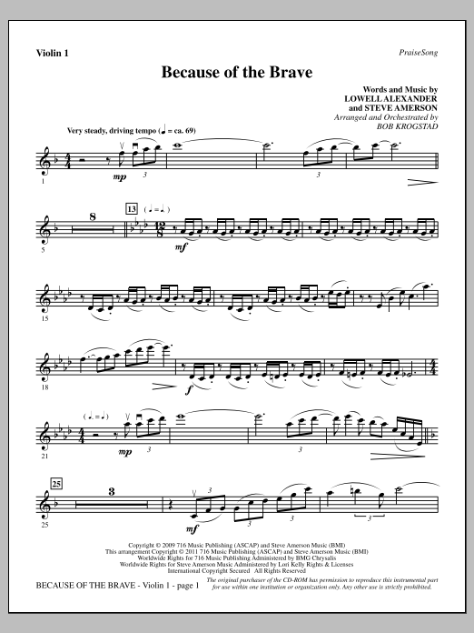 Learn to play Bob Krogstad Because Of The Brave - Violin 1 sheet music for Choir Instrumental Pak in minutes. Price: 8.9900$ Bob Krogstad Because Of The Brave - Violin 1 sheet music notes and chords arranged for Choir Instrumental Pak