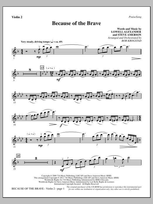 Learn to play Bob Krogstad Because Of The Brave - Violin 2 sheet music for Choir Instrumental Pak in minutes. Price: 8.9900$ Bob Krogstad Because Of The Brave - Violin 2 sheet music notes and chords arranged for Choir Instrumental Pak