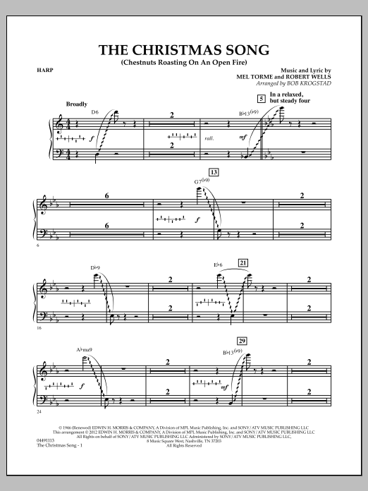 Learn to play Bob Krogstad The Christmas Song (Chestnuts Roasting on an Open Fire) - Harp sheet music for Full Orchestra in minutes. Bob Krogstad The Christmas Song (Chestnuts Roasting on an Open Fire) - Harp sheet music notes and chords. Download Printable PDF.