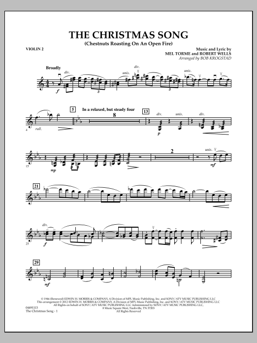 Learn to play Bob Krogstad The Christmas Song (Chestnuts Roasting on an Open Fire) - Violin 2 sheet music for Full Orchestra in minutes. Bob Krogstad The Christmas Song (Chestnuts Roasting on an Open Fire) - Violin 2 sheet music notes and chords. Download Printable PDF.