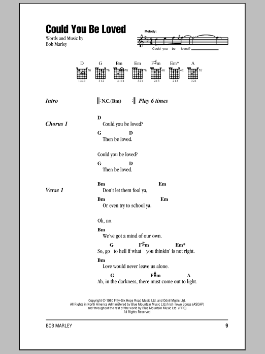Bob Marley Could You Be Loved sheet music notes and chords. Download Printable PDF.