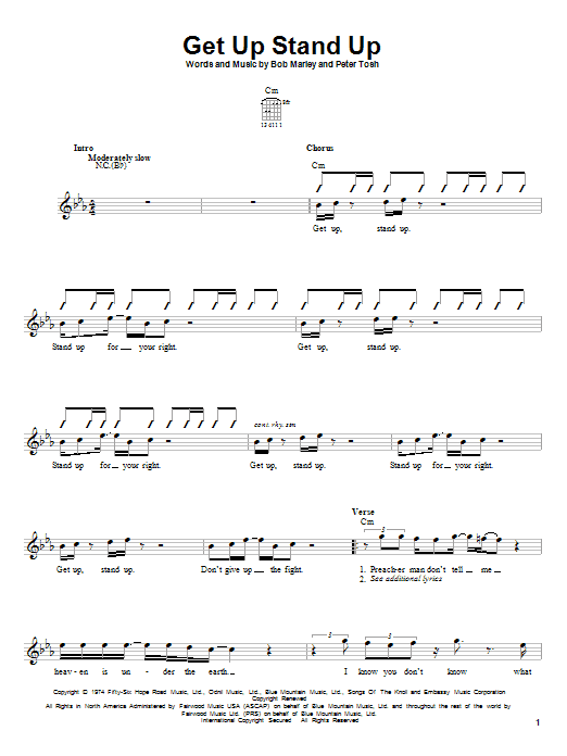 Bob Marley Get Up Stand Up sheet music notes and chords. Download Printable PDF.