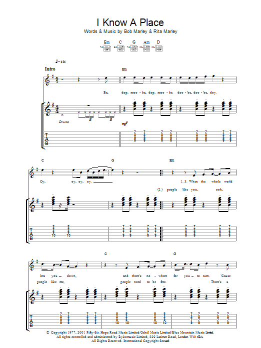 Learn to play Bob Marley I Know A Place sheet music for Guitar Tab in minutes. Bob Marley I Know A Place sheet music notes and chords. Download Printable PDF.