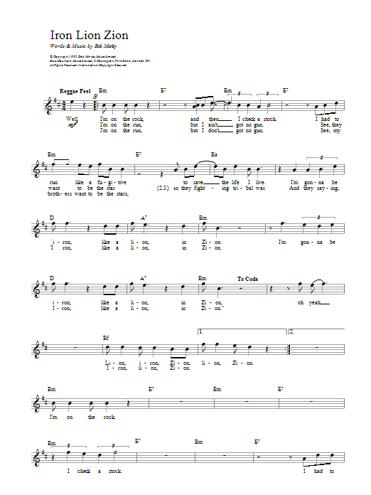 Bob Marley Iron Lion Zion sheet music notes and chords. Download Printable PDF.