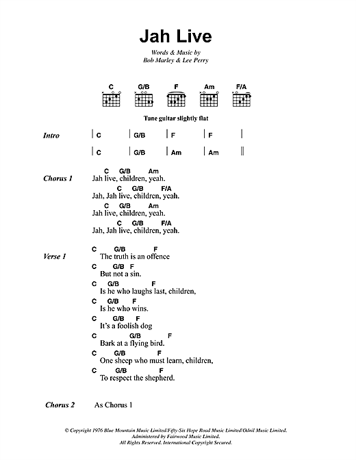 Bob Marley Jah Live Sheet Music Notes, Chords | Download Printable Guitar  Chords/Lyrics PDF Score - SKU: 41811