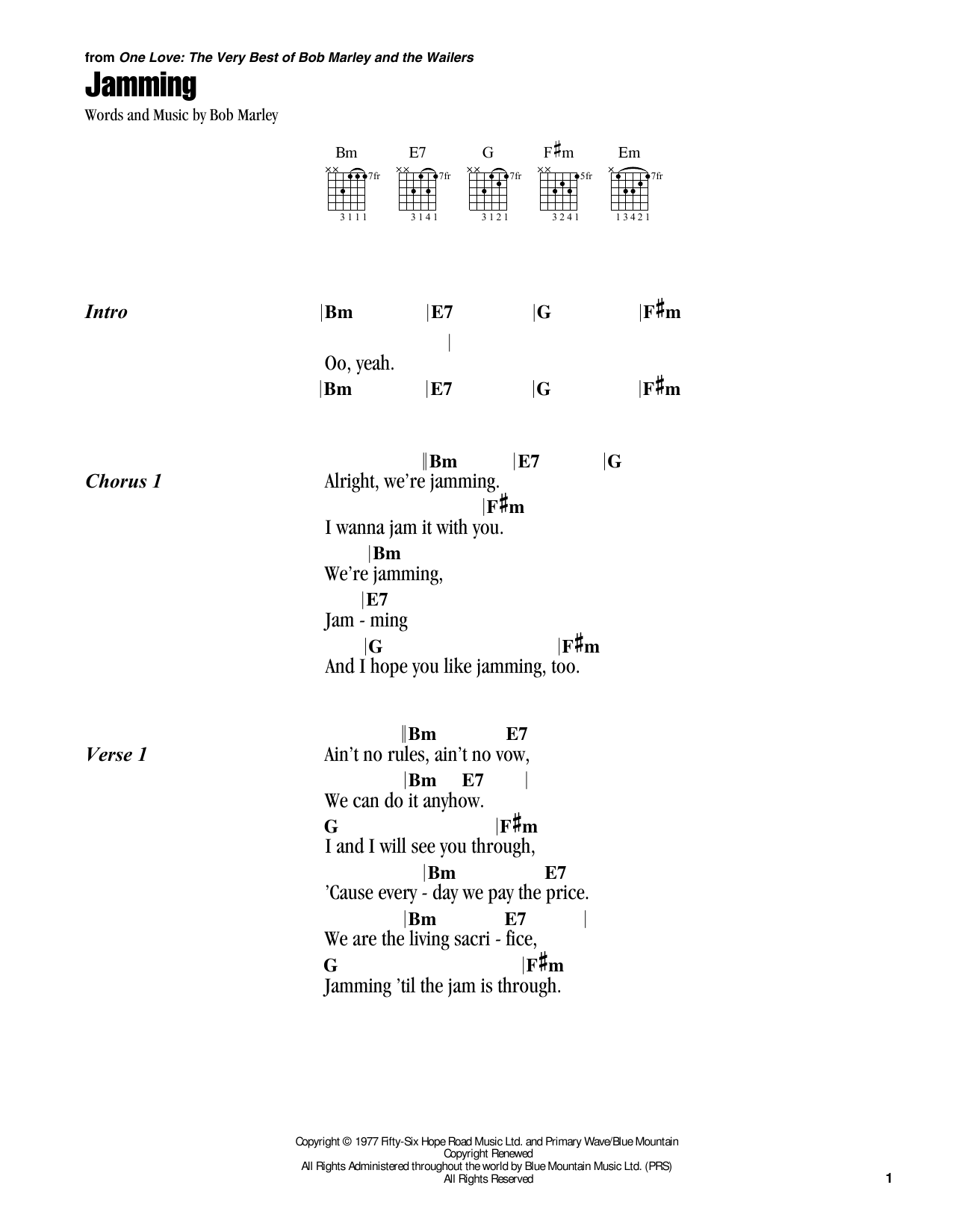 Bob Marley Jamming sheet music notes and chords. Download Printable PDF.