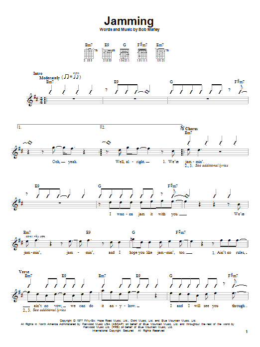 Bob Marley Jamming sheet music notes and chords. Download Printable PDF.
