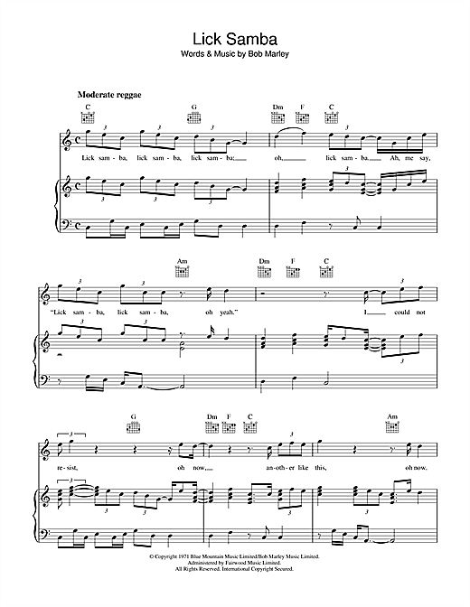 Bob Marley Lick Samba sheet music notes and chords. Download Printable PDF.