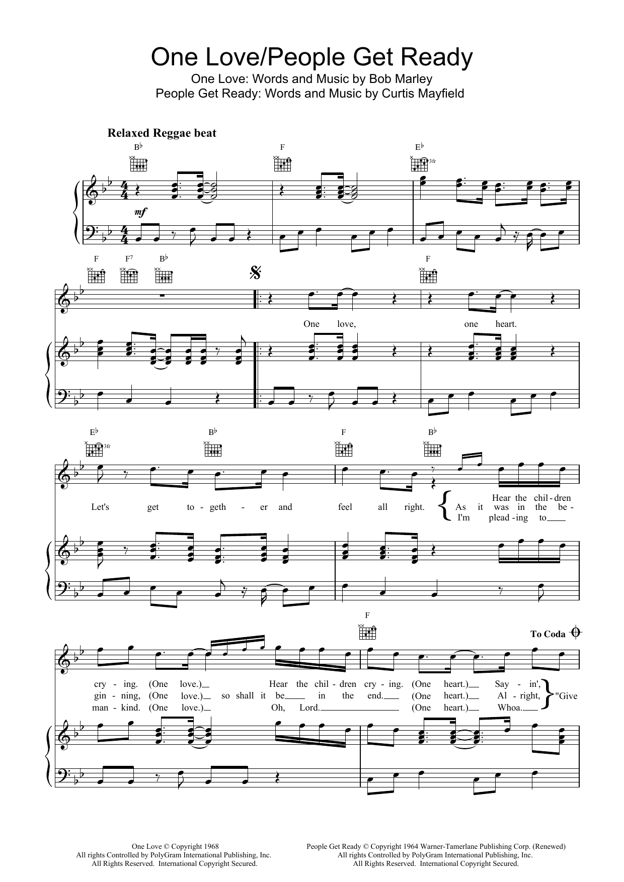 Bob Marley One Love/People Get Ready sheet music notes and chords. Download Printable PDF.