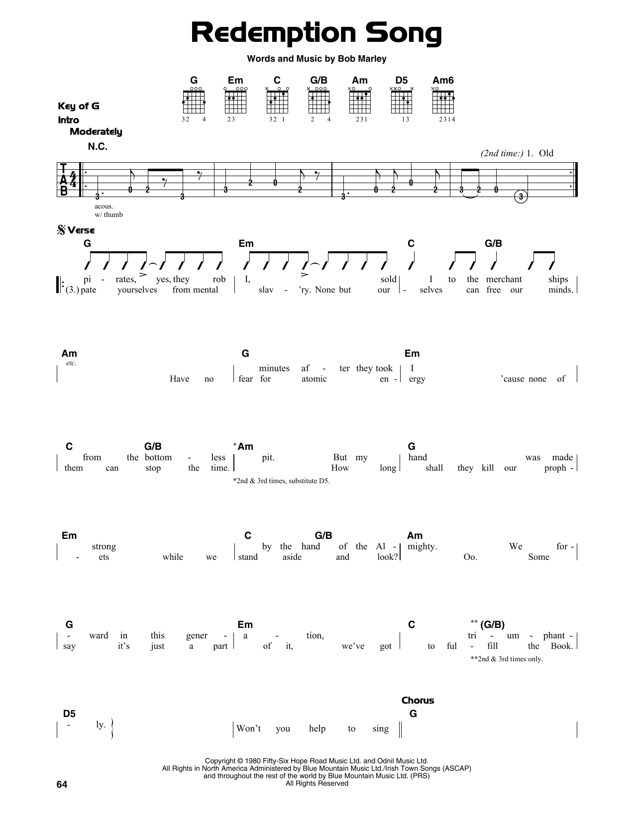 Bob Marley Redemption Song sheet music notes and chords. Download Printable PDF.