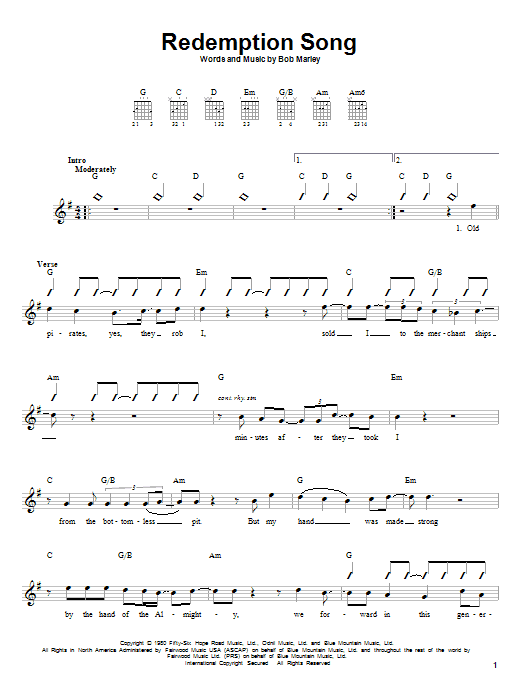 Bob Marley Redemption Song Sheet Music Pdf Notes Chords Inspirational Score Easy Guitar Download Printable Sku