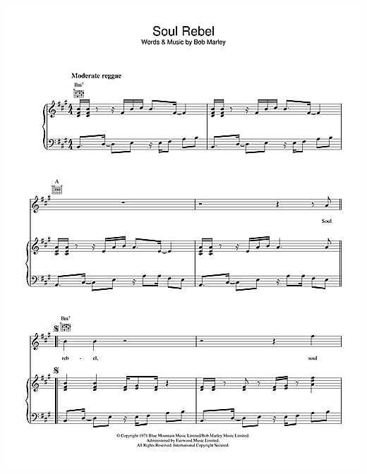 Bob Marley Soul Rebel sheet music notes and chords. Download Printable PDF.