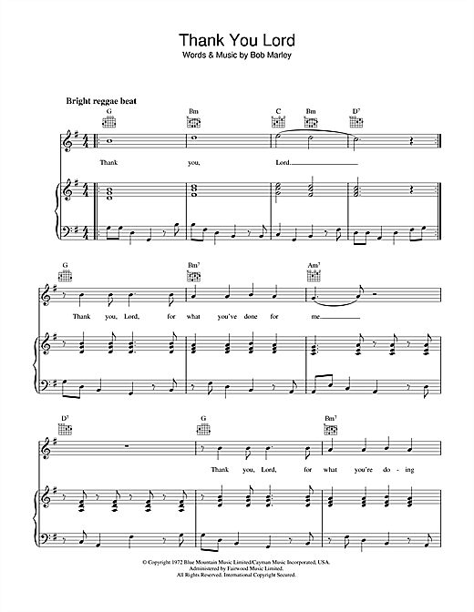 Bob Marley Thank You Lord Sheet Music Pdf Notes Chords Reggae Score Piano Vocal Guitar Right Hand Melody Download Printable Sku