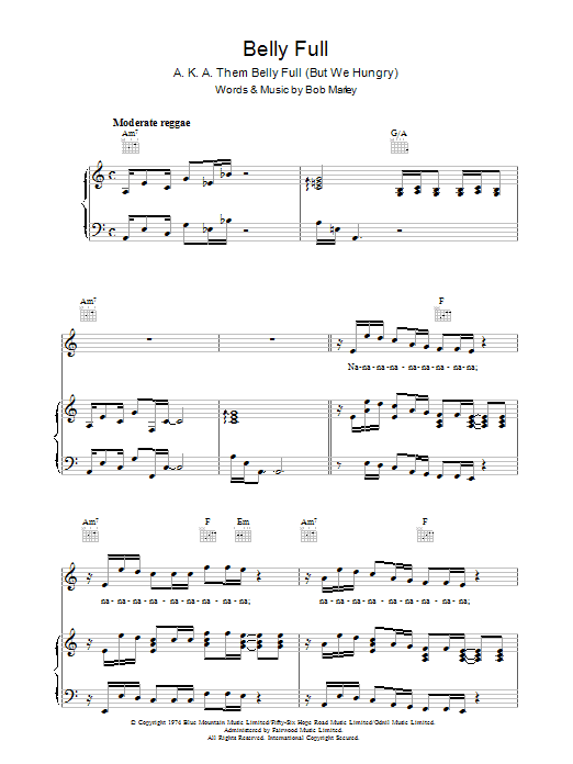 Bob Marley Them Belly Full sheet music notes and chords. Download Printable PDF.