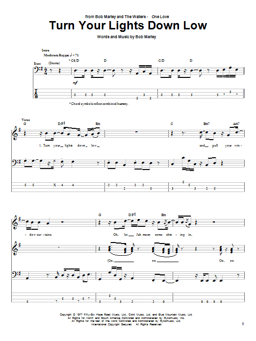 Bob Marley "Turn Your Lights Down Low" Sheet Music PDF | Reggae Score Piano, Vocal & Guitar (Right-Hand Melody) Download Printable.