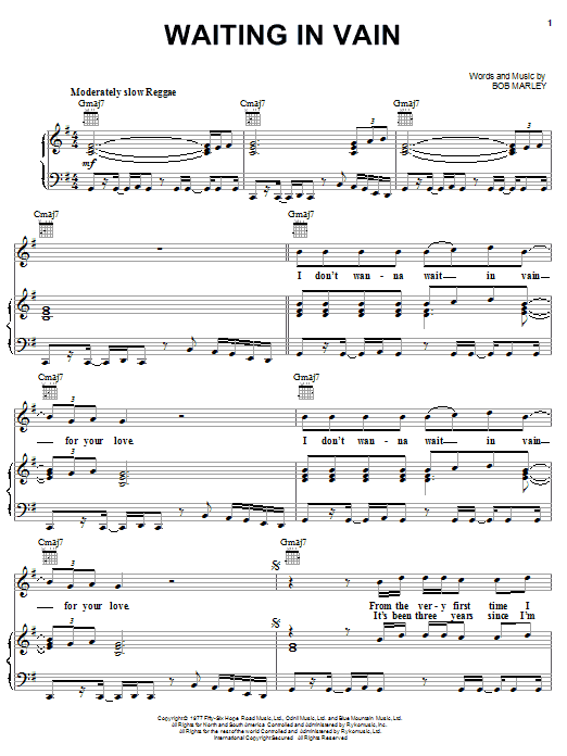 Learn to play Bob Marley Waiting In Vain sheet music for Lead Sheet / Fake Book in minutes. Bob Marley Waiting In Vain sheet music notes and chords. Download Printable PDF.