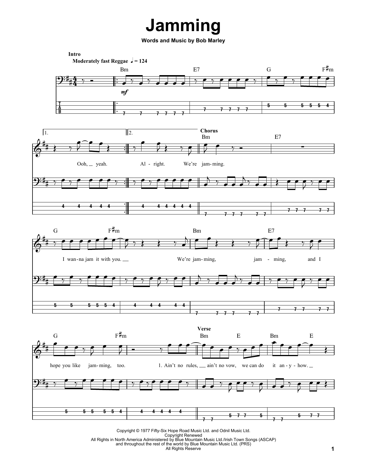 Bob Marley & The Wailers Jamming sheet music notes and chords arranged for Bass Guitar Tab