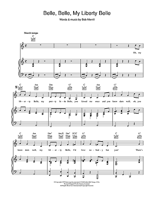 Learn to play Bob Merrill Belle, Belle, My Liberty Belle sheet music for Piano, Vocal & Guitar (Right-Hand Melody) in minutes. Bob Merrill Belle, Belle, My Liberty Belle sheet music notes and chords