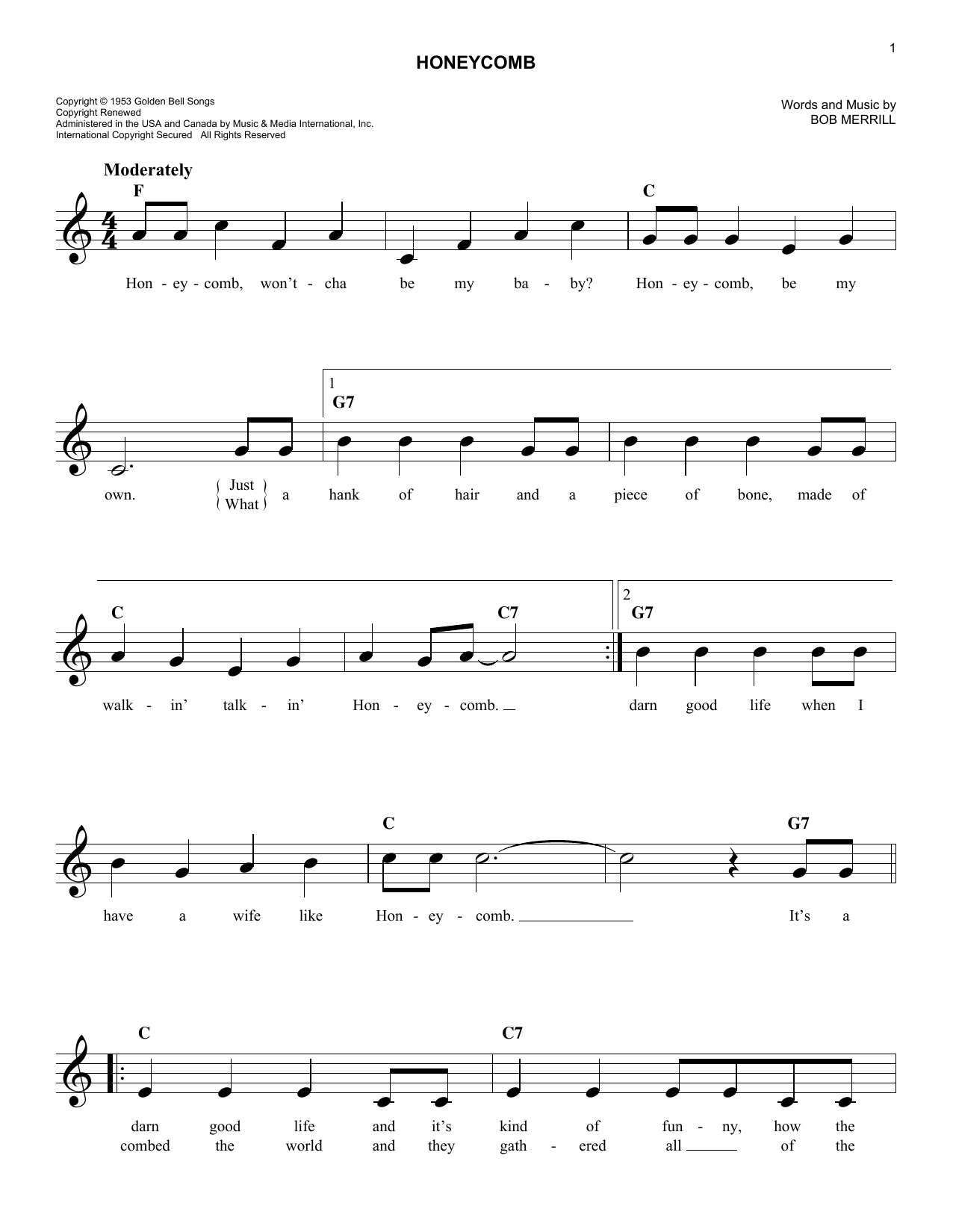 Bob Merrill Honeycomb sheet music notes and chords. Download Printable PDF.