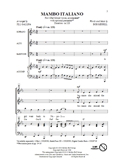 Learn to play Bob Merrill Mambo Italiano (arr. Jill Gallina) sheet music for TB Choir in minutes. Price: 5.8900$ Bob Merrill Mambo Italiano (arr. Jill Gallina) sheet music notes and chords. Download Printable PDF.