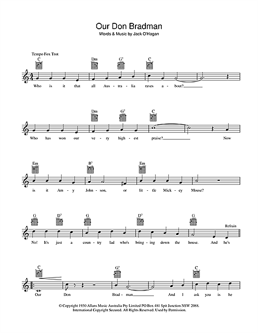 Learn to play Bob Molyneux Our Don Bradman sheet music for Lead Sheet / Fake Book in minutes. Price: 5.9900$ Bob Molyneux Our Don Bradman sheet music notes and chords arranged for Lead Sheet / Fake Book