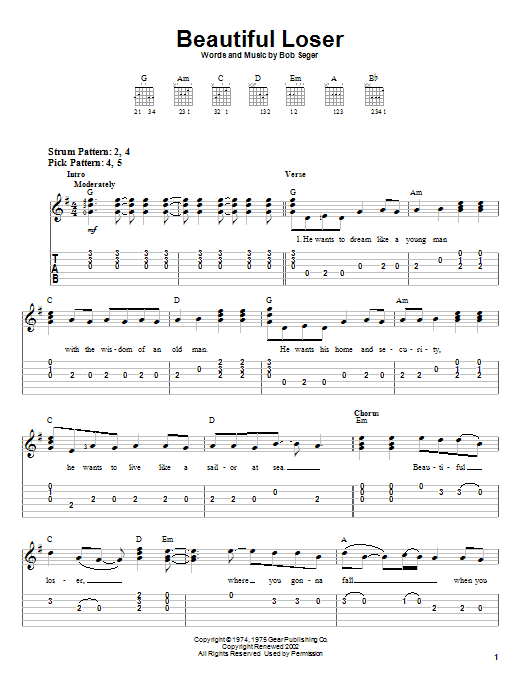 Learn to play Bob Seger Beautiful Loser sheet music for Guitar Tab in minutes. Bob Seger Beautiful Loser sheet music notes and chords. Download Printable PDF.