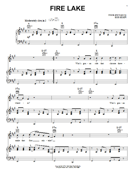 Bob Seger Fire Lake sheet music notes and chords. Download Printable PDF.