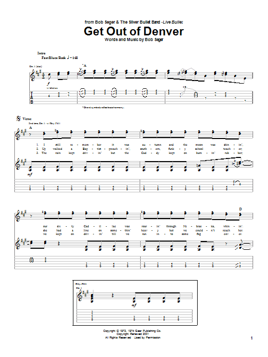Learn to play Bob Seger Get Out Of Denver sheet music for Guitar Tab (Single Guitar) in minutes. Bob Seger Get Out Of Denver sheet music notes and chords. Download Printable PDF.