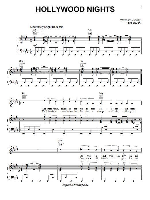 Learn to play Bob Seger Hollywood Nights sheet music for Piano, Vocal & Guitar (Right-Hand Melody) in minutes. Bob Seger Hollywood Nights sheet music notes and chords. Download Printable PDF.