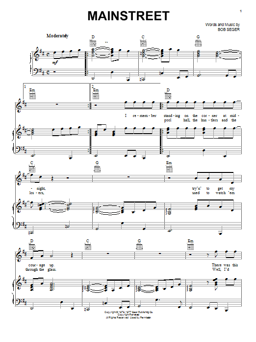 Bob Seger Mainstreet sheet music notes and chords. Download Printable PDF.