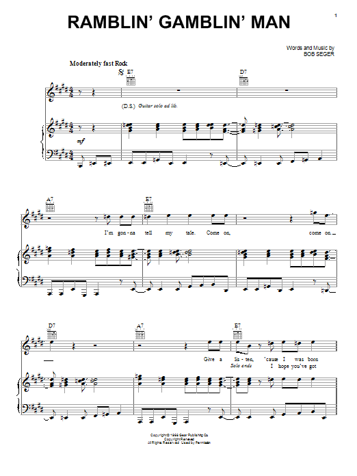 Bob Seger "Ramblin' Gamblin' Man" Sheet Music PDF Notes, Chords Rock
