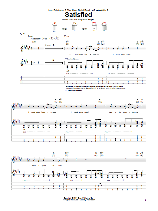 Learn to play Bob Seger Satisfied sheet music for Guitar Tab in minutes. Bob Seger Satisfied sheet music notes and chords. Download Printable PDF.