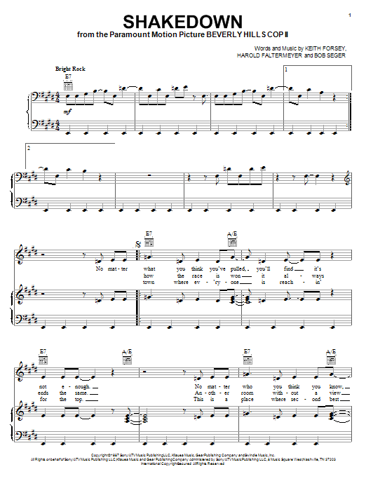 Bob Seger Shakedown sheet music notes and chords. Download Printable PDF.