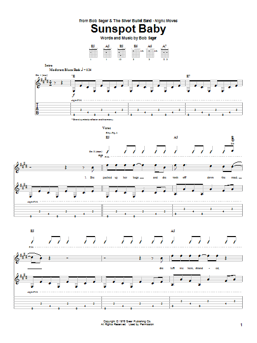 Bob Seger Sunspot Baby sheet music notes and chords. Download Printable PDF.