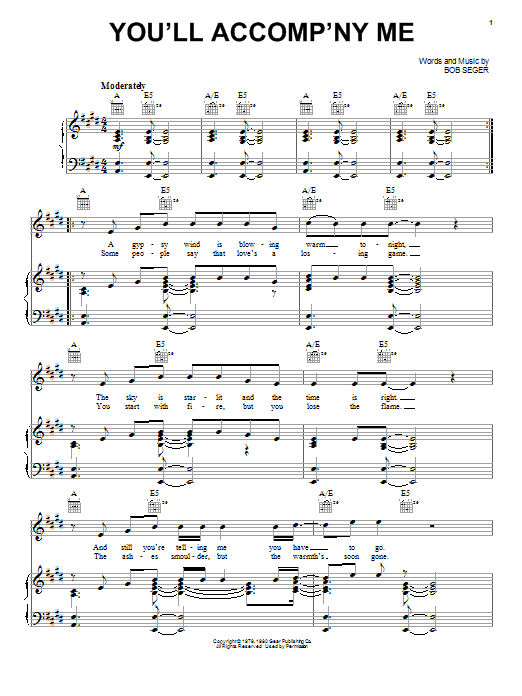 Learn to play Bob Seger You'll Accomp'ny Me sheet music for Piano, Vocal & Guitar (Right-Hand Melody) in minutes. Bob Seger You'll Accomp'ny Me sheet music notes and chords. Download Printable PDF.