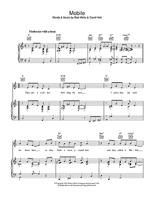 Learn to play Bob Wells Mobile sheet music for Piano, Vocal & Guitar (Right-Hand Melody) in minutes. Bob Wells Mobile sheet music notes and chords. Download Printable PDF.