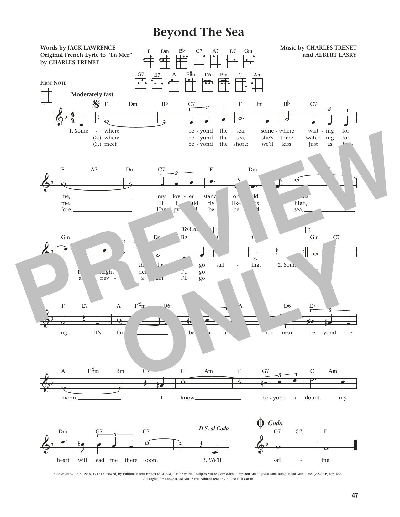 Bobby Darin Beyond The Sea (from The Daily Ukulele) (arr. Jim Beloff) sheet music notes and chords. Download Printable PDF.