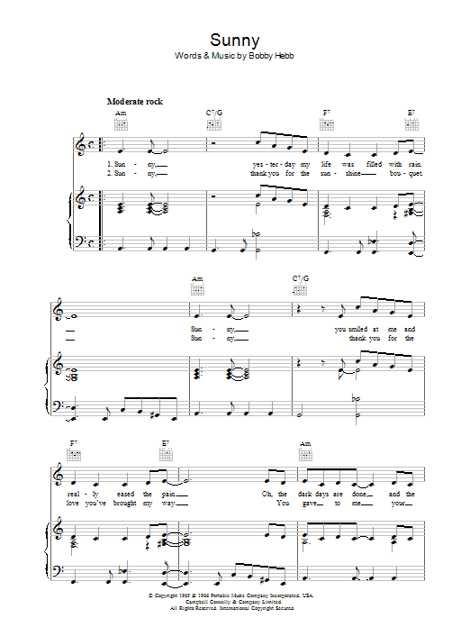 Bobby Hebb Sunny sheet music notes and chords. Download Printable PDF.