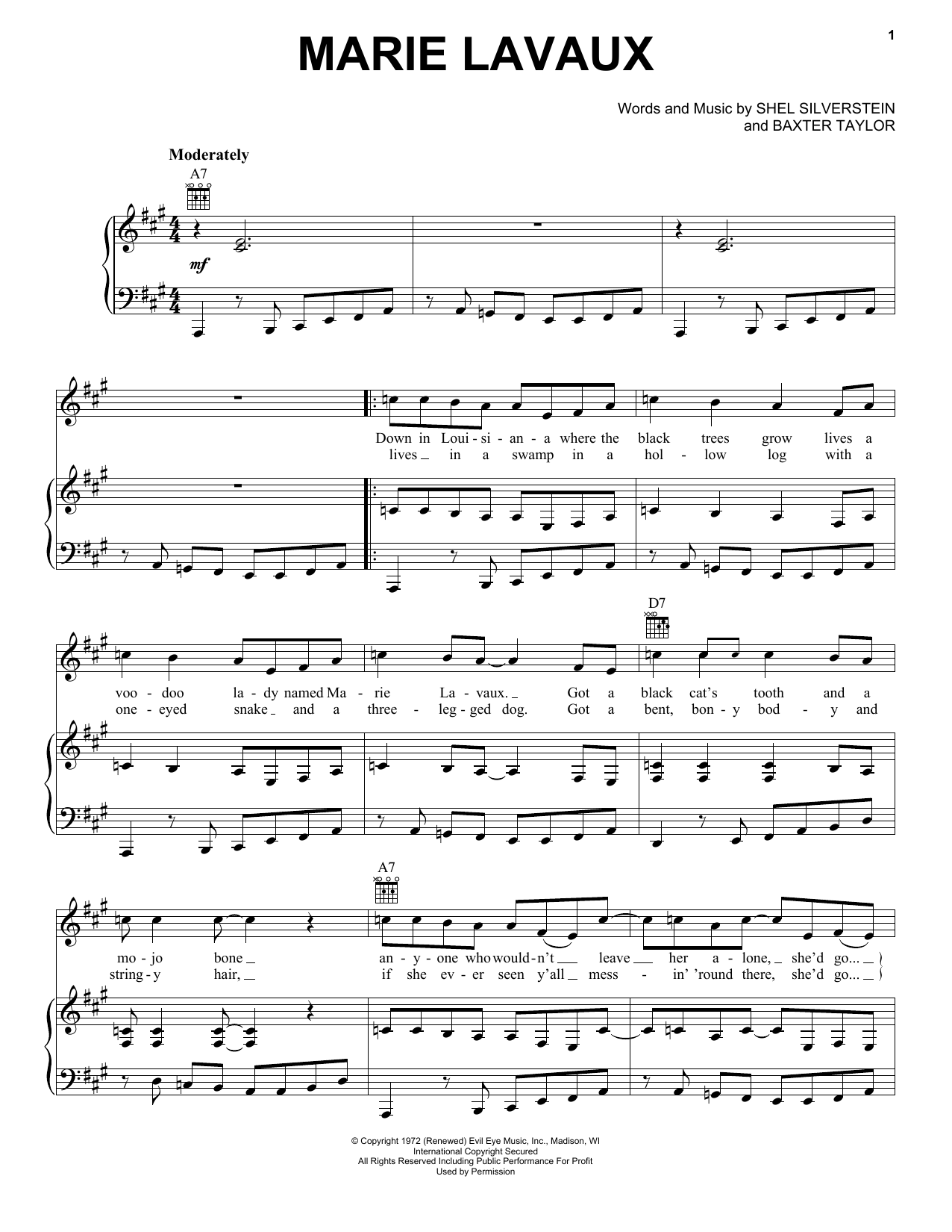 Bobby Bare Marie Lavaux sheet music notes and chords. Download Printable PDF.