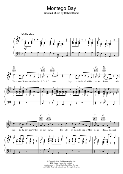 Bobby Bloom Montego Bay sheet music notes and chords. Download Printable PDF.