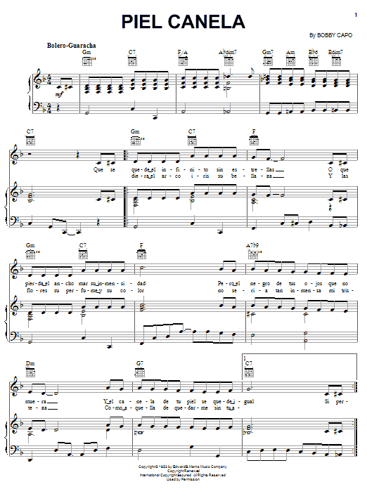 Learn to play Bobby Capo Piel Canela sheet music for Piano, Vocal & Guitar (Right-Hand Melody) in minutes. Bobby Capo Piel Canela sheet music notes and chords. Download Printable PDF.