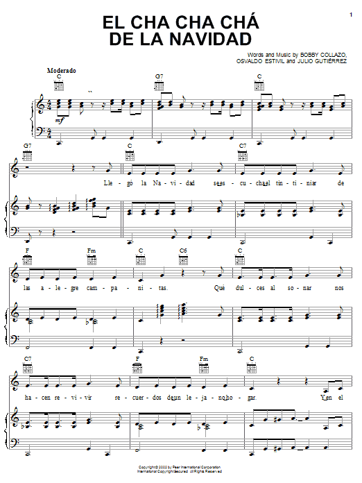 Learn to play Bobby Collazo El Cha Cha Chá De La Navidad sheet music for Piano, Vocal & Guitar (Right-Hand Melody) in minutes. Price: 7.7900$ Bobby Collazo El Cha Cha Chá De La Navidad sheet music notes and chords. Download Printable PDF.