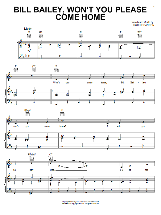 Preview Bobby Darin Bill Bailey, Won't You Please Come Home Jazz sheet music, notes and chords for Piano, Vocal & Guitar (Right-Hand Melody), SKU: 16599 sheet music, piano notes, chords, guitar tabs, score, transpose, transcribe, how to play, guide, download, learn, tutorial, progression, song, artist, awards, billboard, mtv, vh1, tour, single, album, release