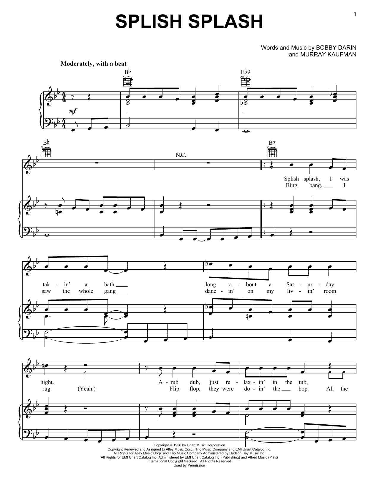 Bobby Darin Splish Splash sheet music notes and chords. Download Printable PDF.