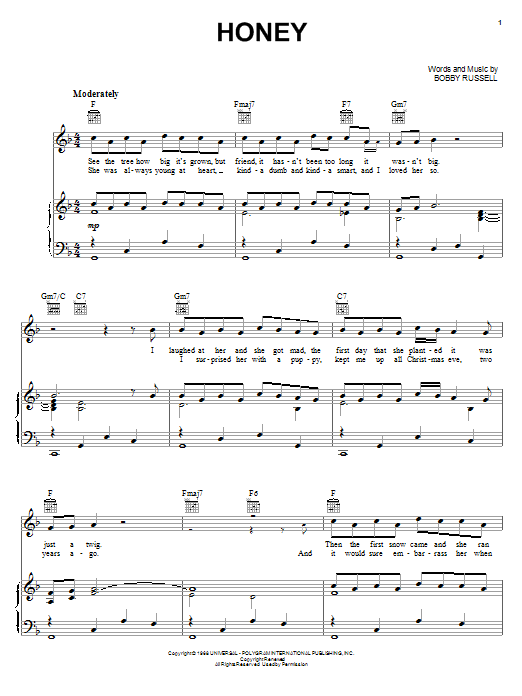 Bobby Goldsboro Honey Sheet Music Pdf Notes Chords Rock Score Piano Vocal Guitar Right Hand Melody Download Printable Sku