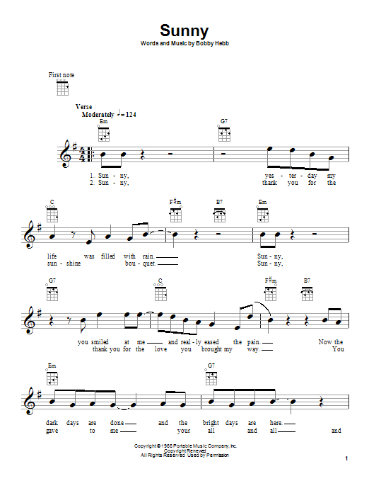 Bobby Hebb Sunny sheet music notes and chords. Download Printable PDF.