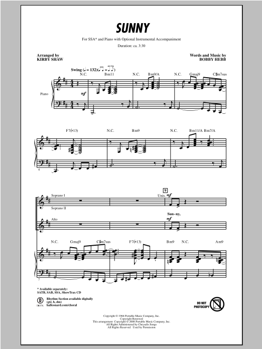 Bobby Hebb Sunny (arr. Kirby Shaw) sheet music notes and chords. Download Printable PDF.