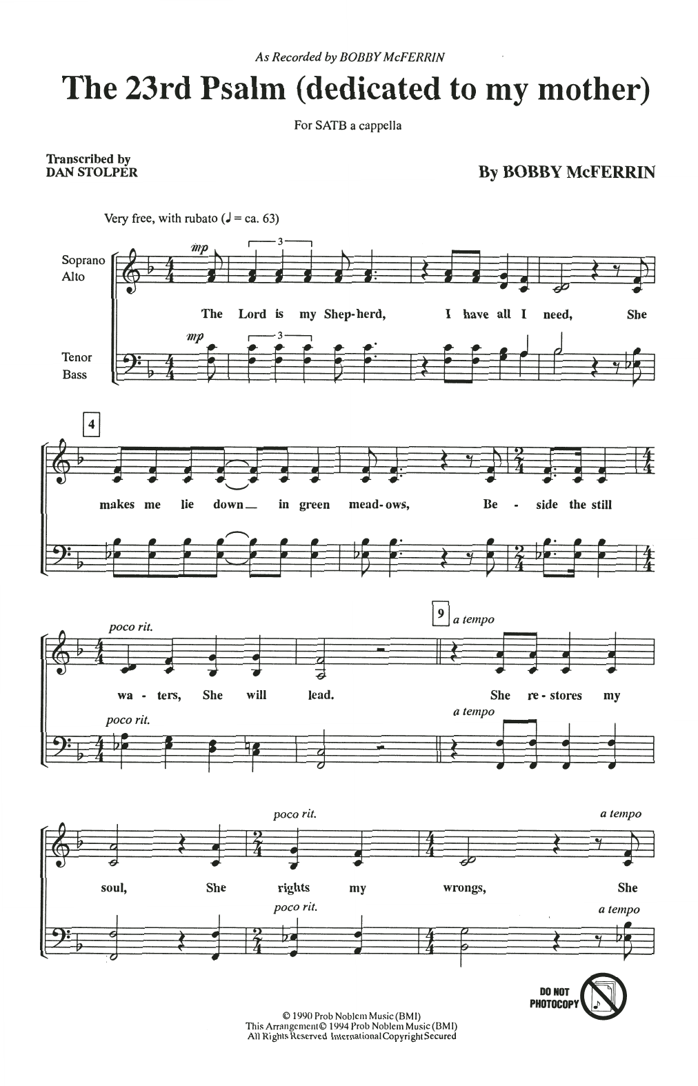 Bobby McFerrin "The 23rd Psalm (Dedicated To My Mother)" Sheet Music