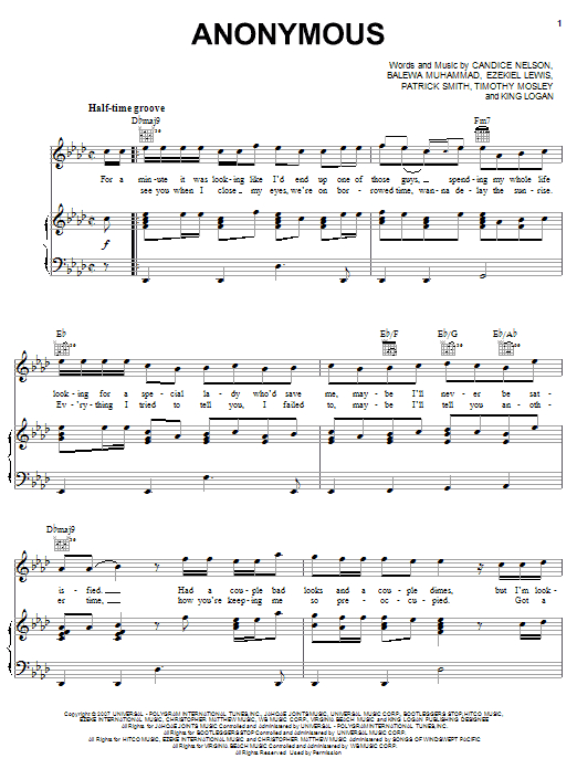 Bobby Valentino Anonymous (feat. Timbaland) sheet music notes and chords. Download Printable PDF.