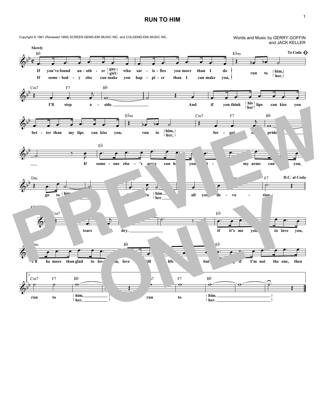 Bobby Vee Run To Him Sheet Music Pdf Notes Chords Rock Score Lead Sheet Fake Book Download Printable Sku